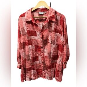 Joan Rivers Red Patchwork Button Down Blouse 2XP Petite Plus Cotton